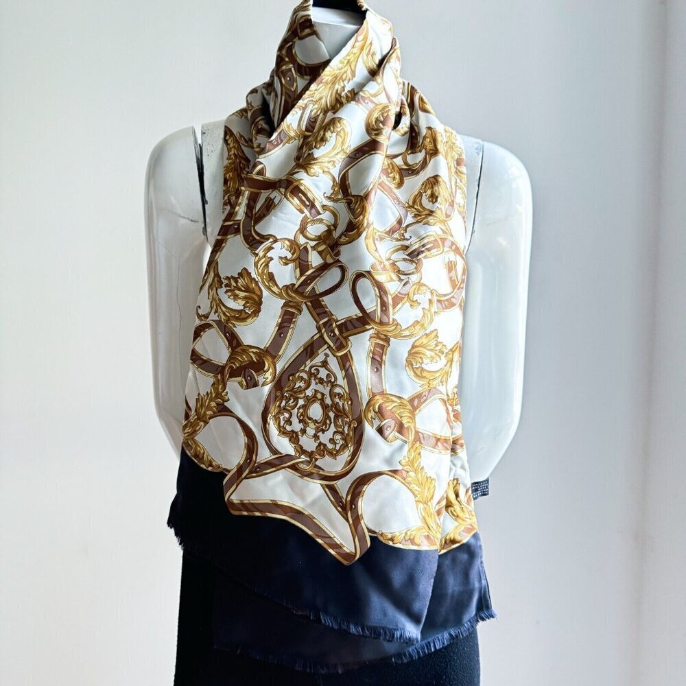 Vintag Silk Wool Equestrian Print Classic Rectengualr Scarf